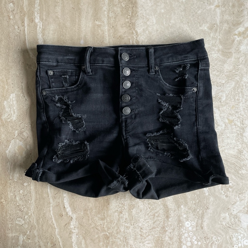 american eagle high waisted black jean shorts